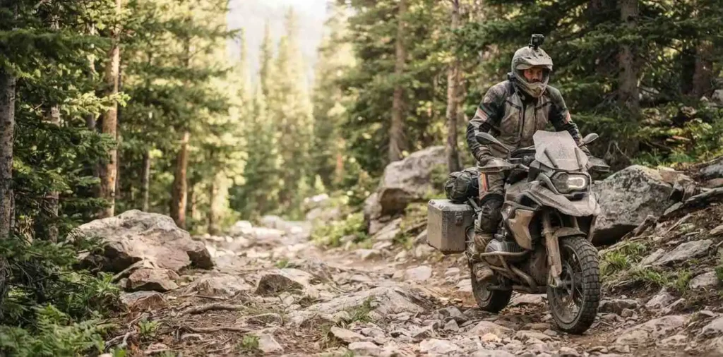 Rider on an adventure motorcycle trail