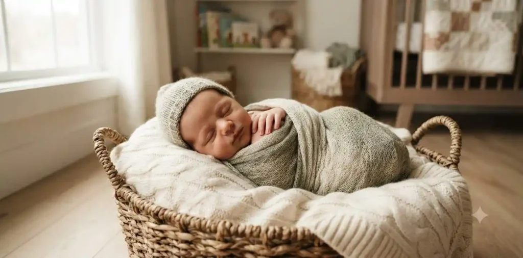 Sleeping newborn baby wrapped in a soft blanket
