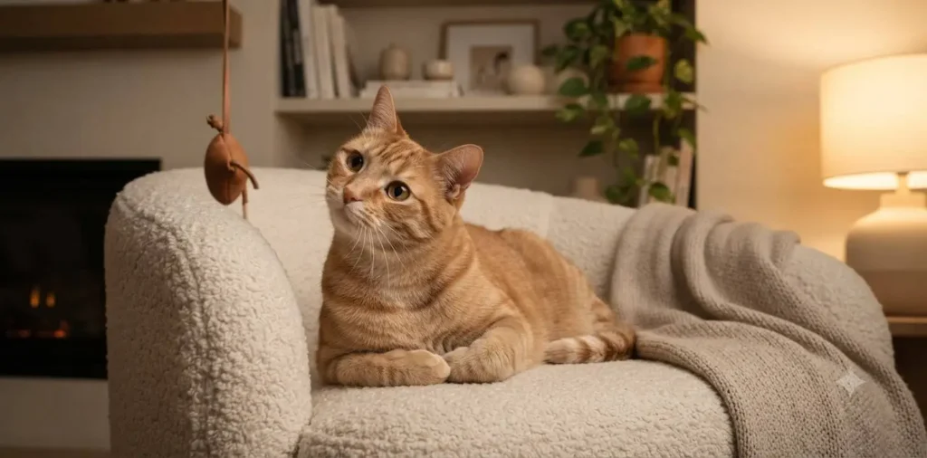 Orange cat sitting indoors comfortably