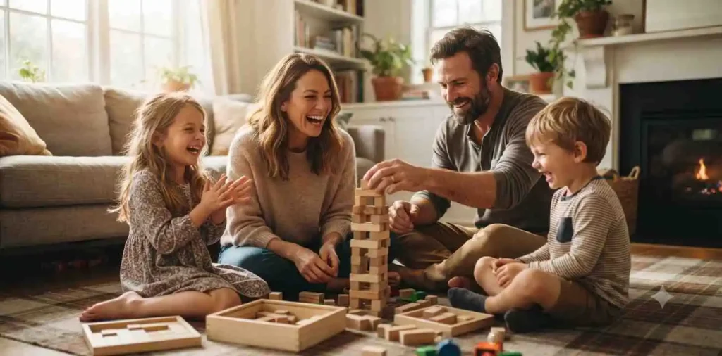 Parents playing happily with children at home