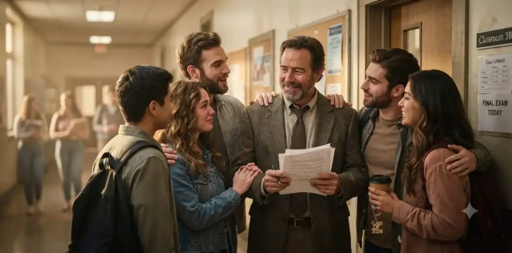 Students thanking professor on farewell day