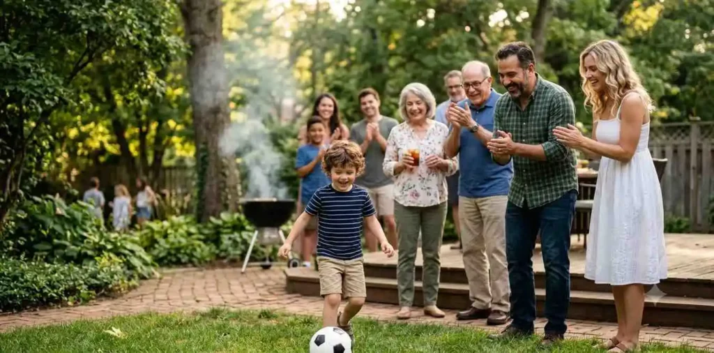 Family celebrating with smiling nephew outdoors