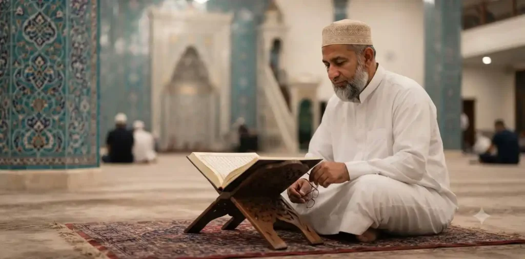 Person reading the Quran inside a mosque