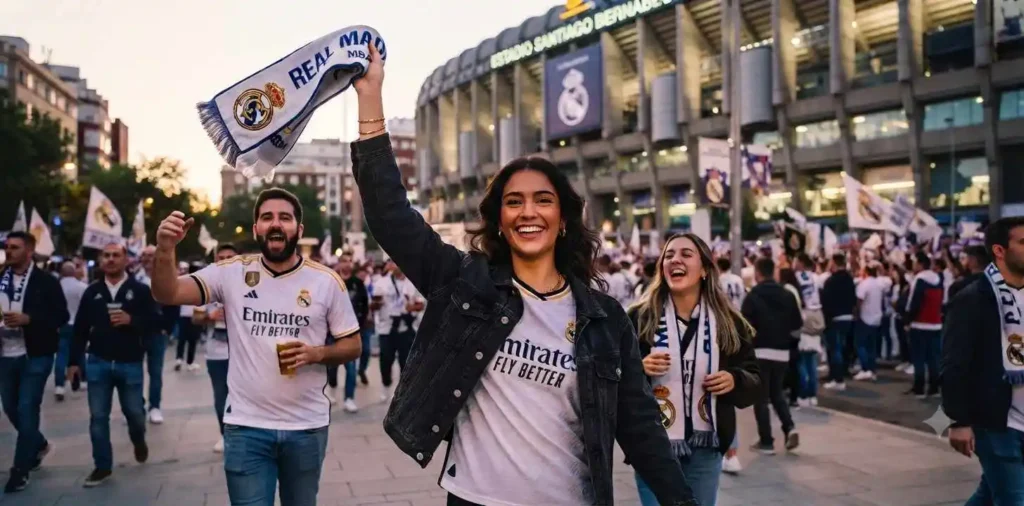 Football fan celebrating in a white stadium jersey