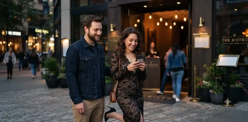 People waiting outside a restaurant entrance