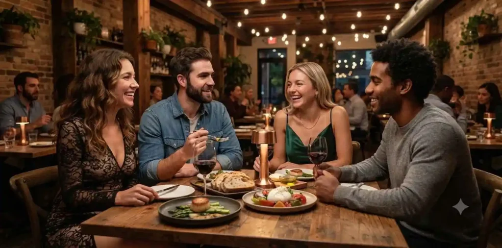 Cozy restaurant interior with diners