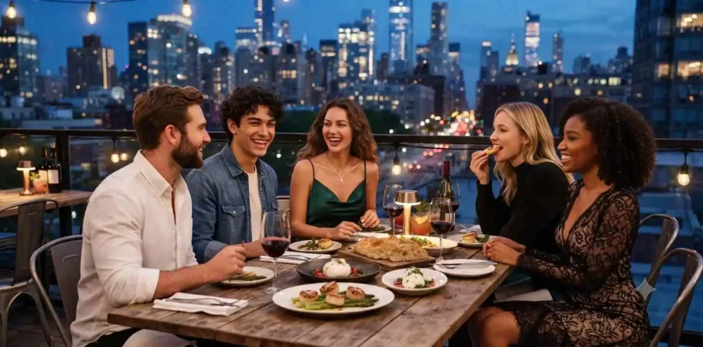 Friends dining on a rooftop restaurant