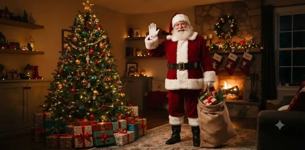 Santa Claus waving beside a decorated Christmas tree