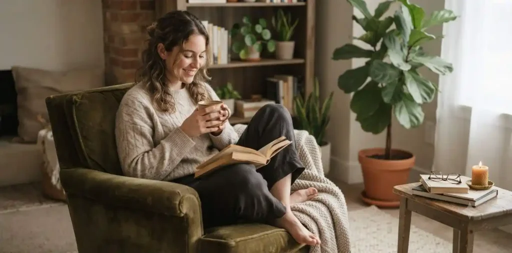 Person enjoying a cozy Saturday morning coffee