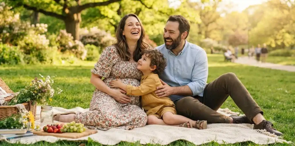 Toddler hugging pregnant mother in a sunny park