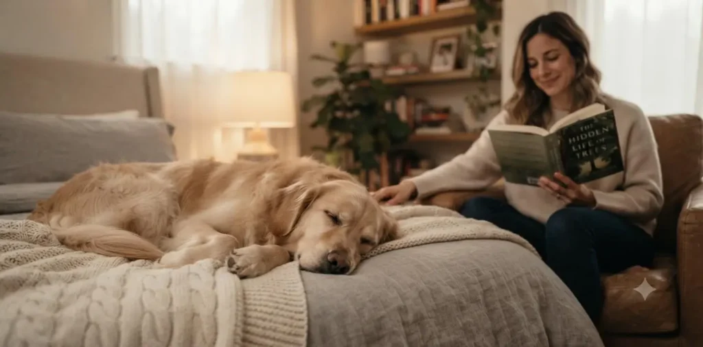 Dog sleeping peacefully on soft blanket