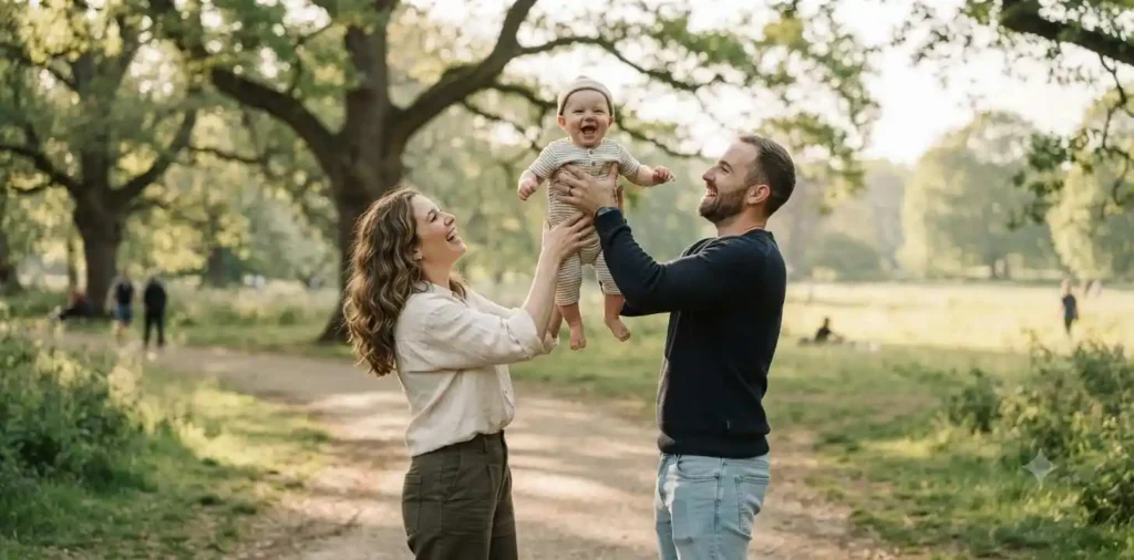 Parents holding their smiling little son outdoors