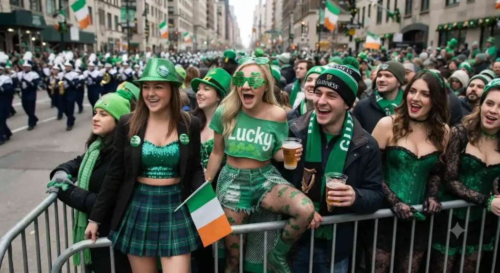 People enjoying a festive St. Patrick's Day parade