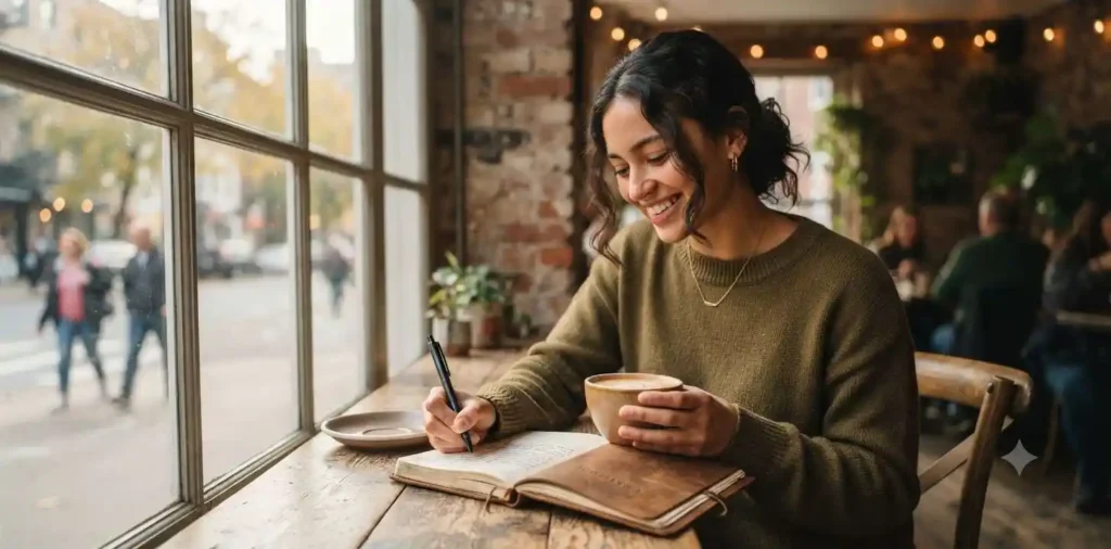 Woman writing gratitude journal with morning coffee