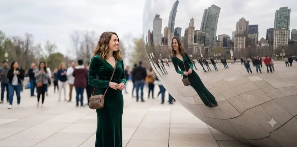 Visitor taking photo beside Cloud Gate
