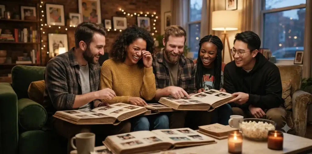 Friends smiling while looking through old photo album
