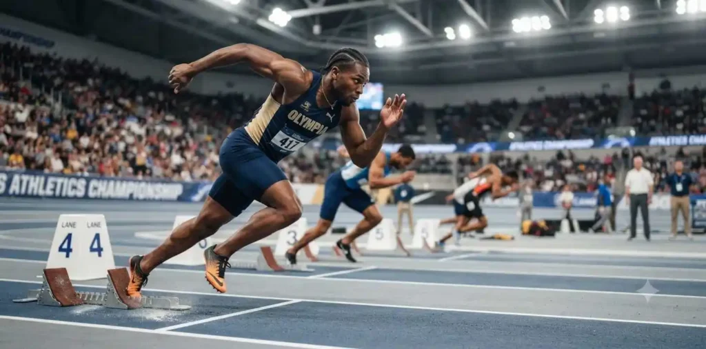 Sprinter launching from the starting blocks