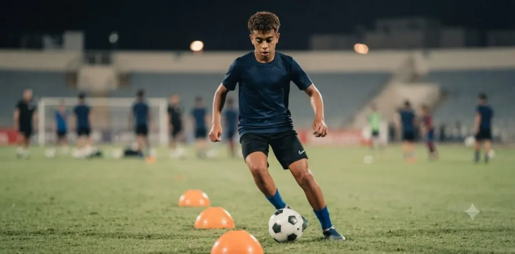 Football player training with a ball on the field