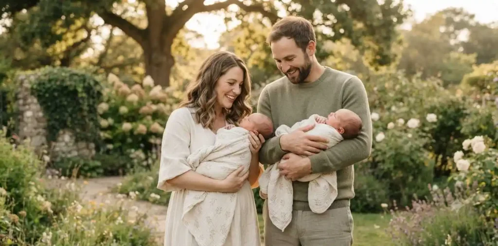Parents holding newborn twins outdoors