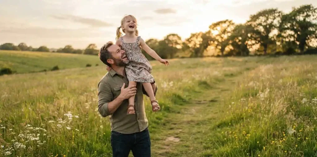 Uncle carrying his smiling niece outdoors