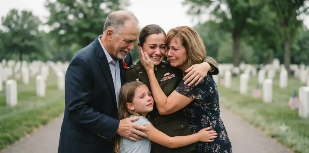 Army soldier embracing family after ceremony