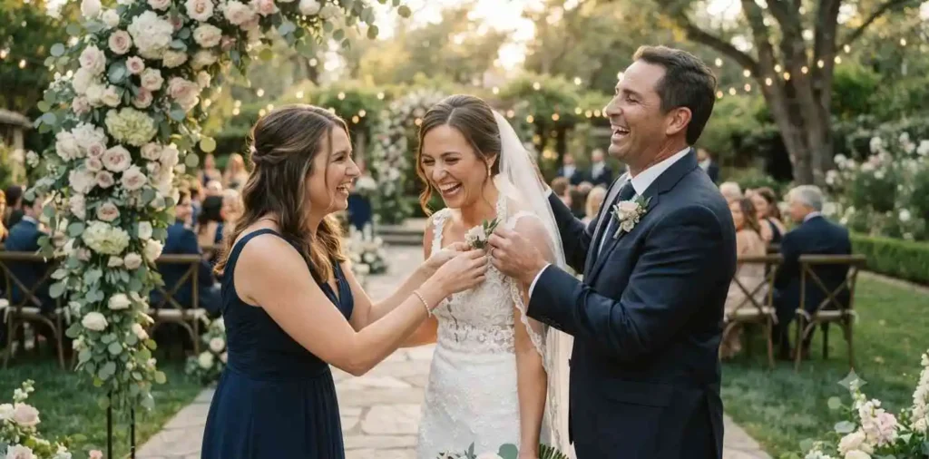 Siblings smiling together at a wedding ceremony