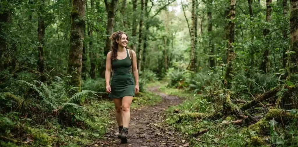 Person walking along a peaceful forest trail