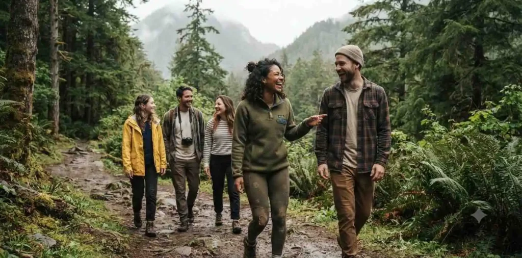 Friends exploring a weekend adventure location