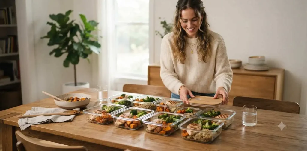Friends organizing weekly meal prep containers together