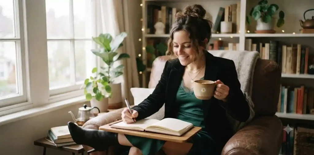 Woman relaxing with tea and a journal