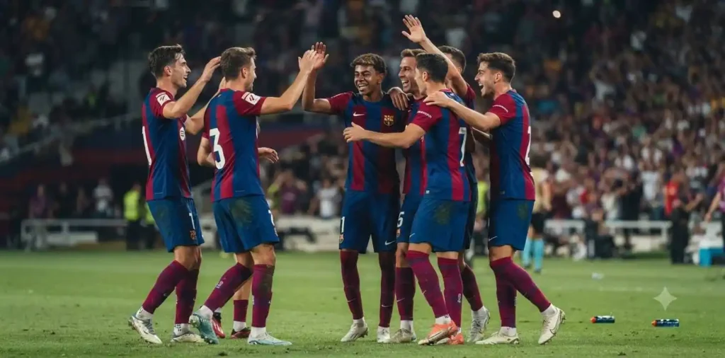 Football teammates celebrating after a match