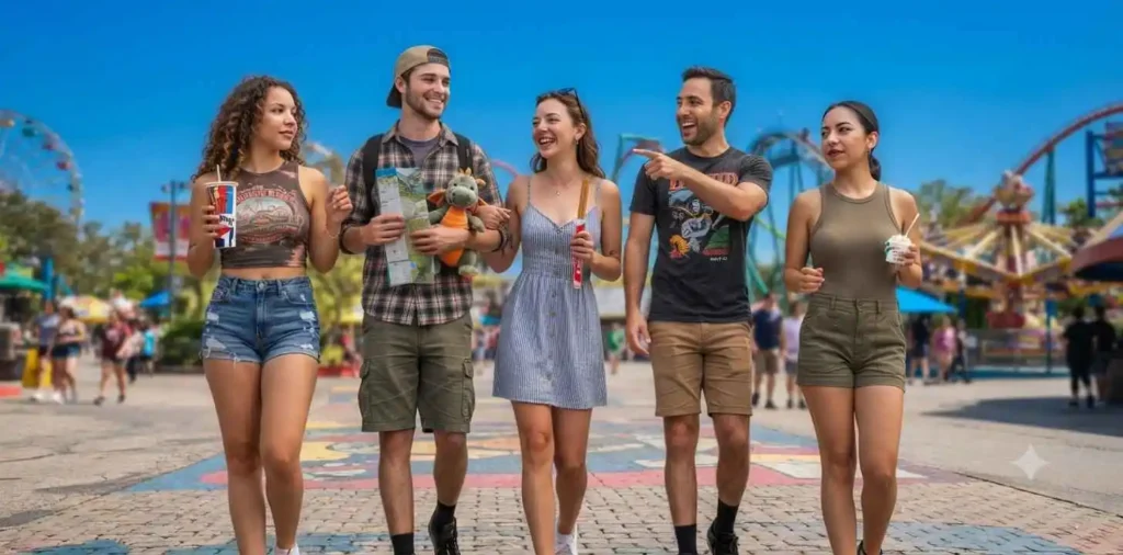 Friends exploring an amusement park together