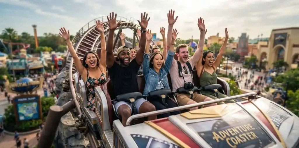 Friends enjoying a thrilling amusement park ride