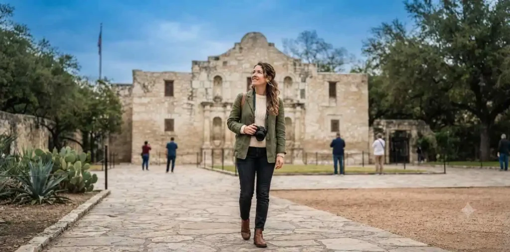 Visitors exploring The Alamo courtyard