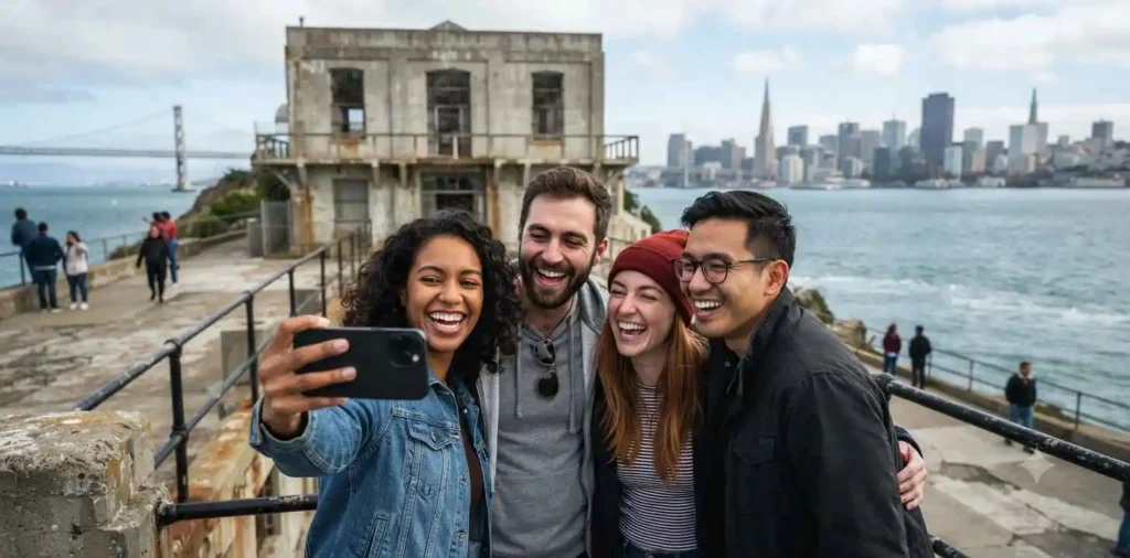 Friends taking selfie at Alcatraz Island