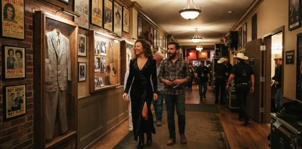 Visitors exploring backstage before a performance