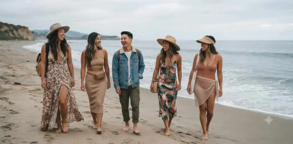 Friends walking on California beach