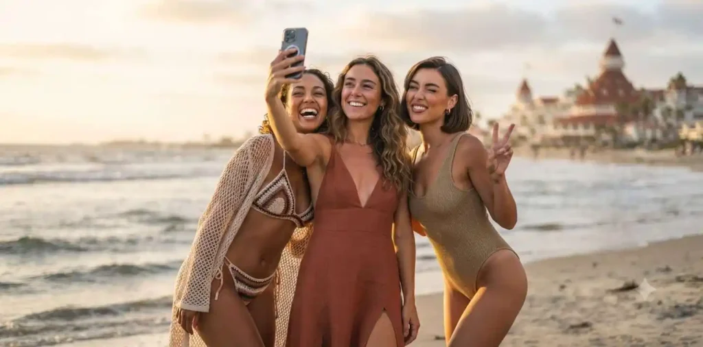 Woman taking selfie near beach waves