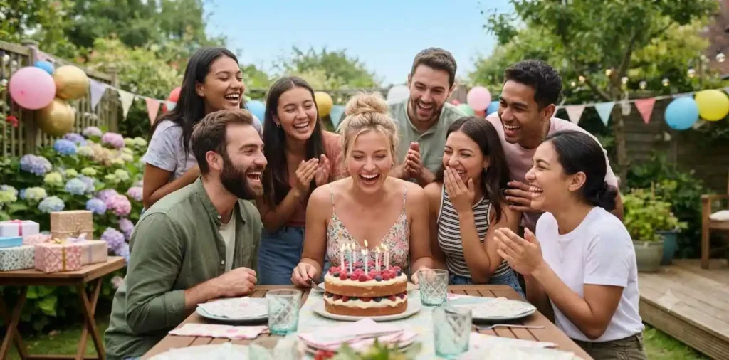 Friends celebrating together with birthday cake