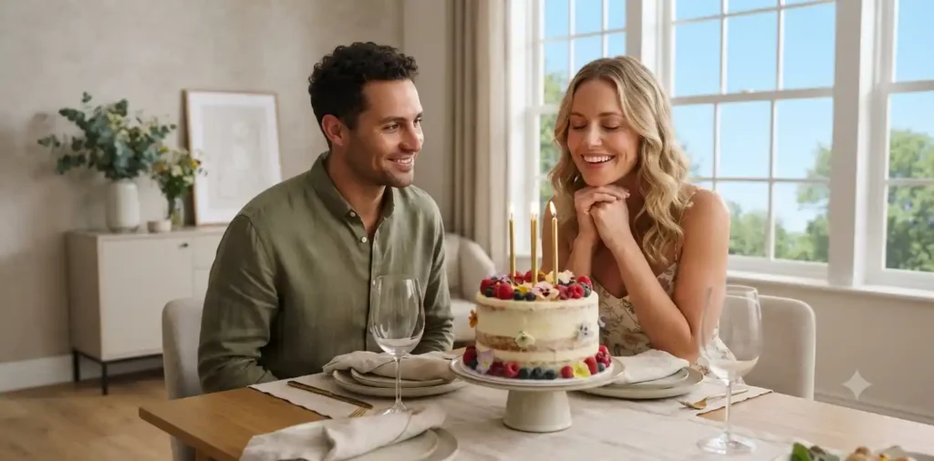 Woman smiling beside birthday cake indoors
