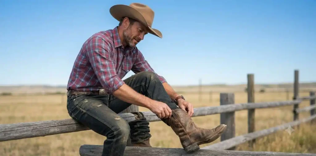 Cowboy adjusting leather boots outdoors