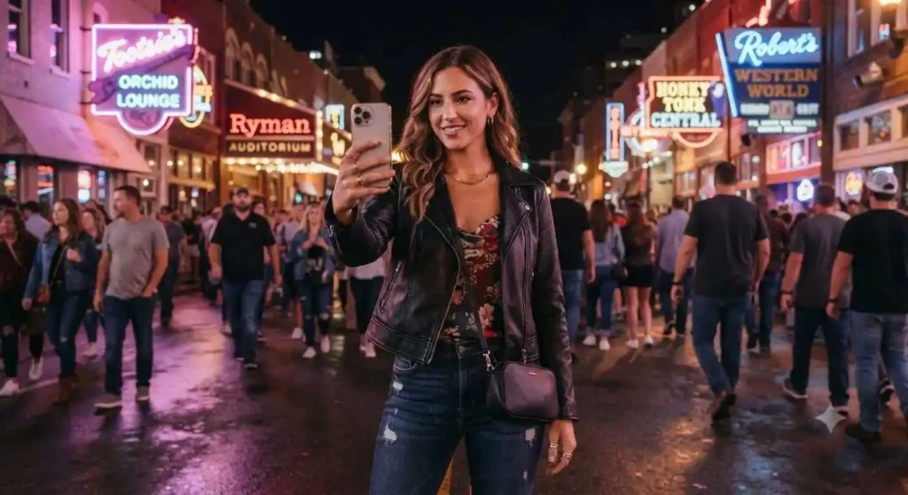 Traveler taking selfie beneath Broadway neon lights