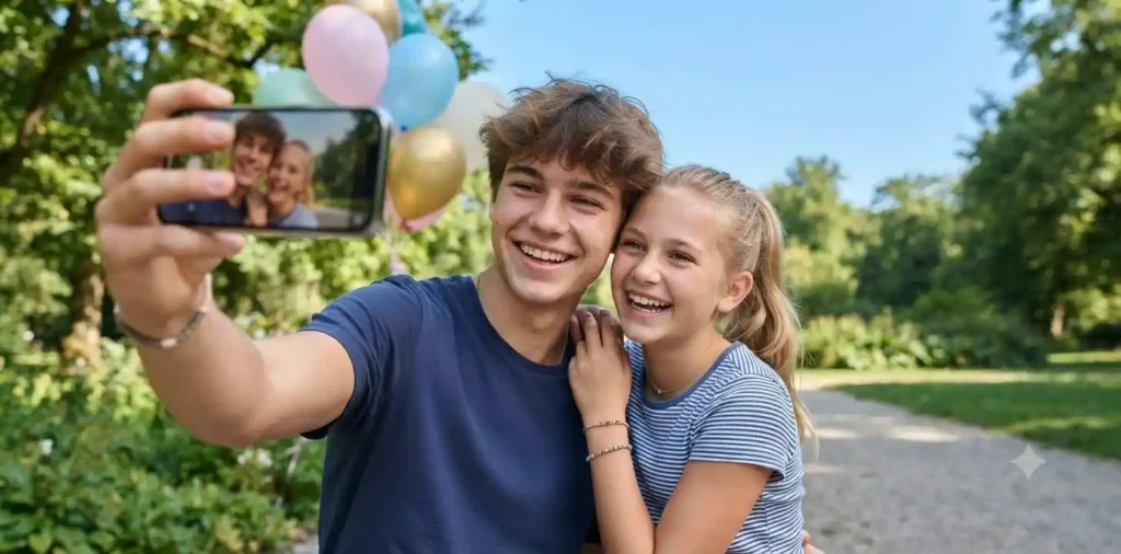 Brother and sibling taking birthday selfie