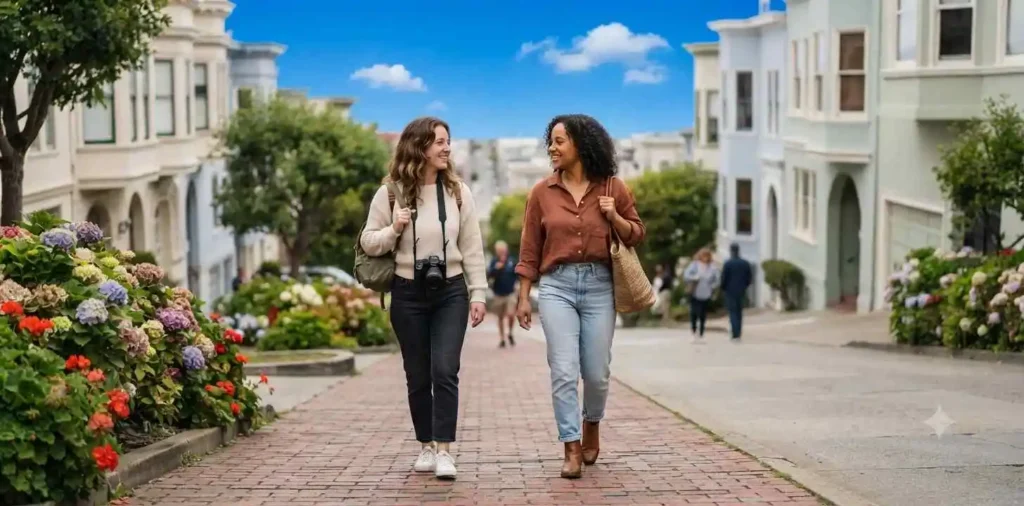 Friends exploring San Francisco street