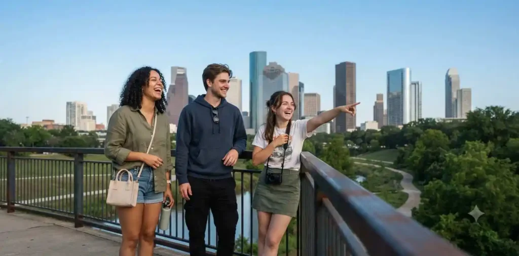 People enjoying Houston city skyline view