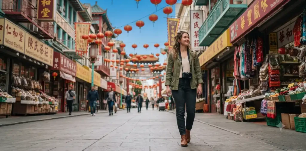 People walking through Chinatown street