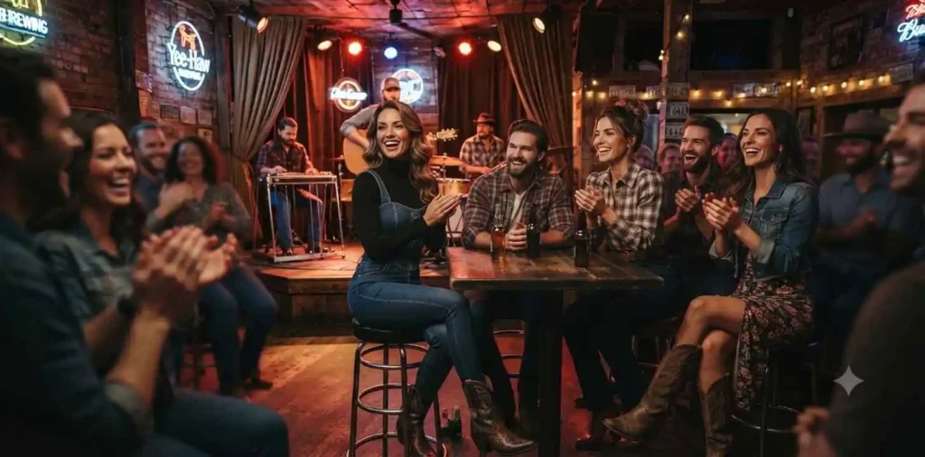 Friends enjoying live country music inside Nashville bar