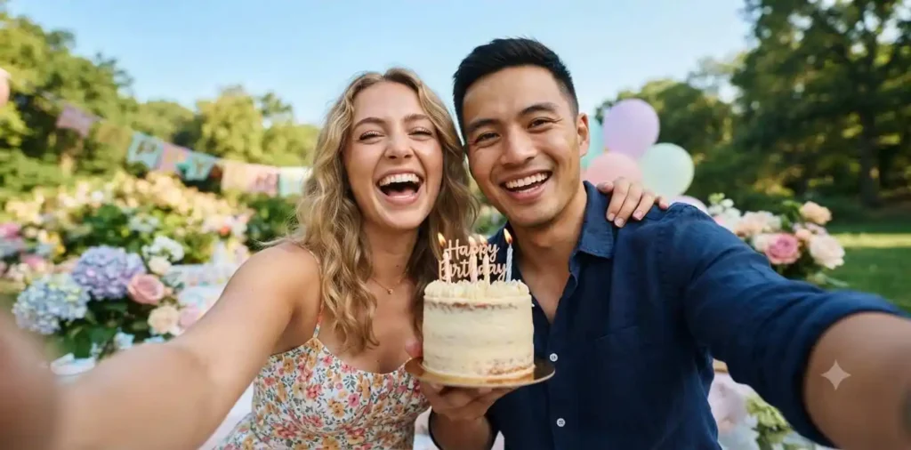 Couple laughing together during birthday celebration