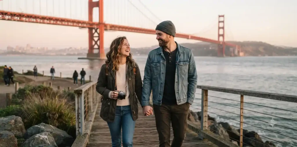 Couple enjoying Golden Gate Bridge view