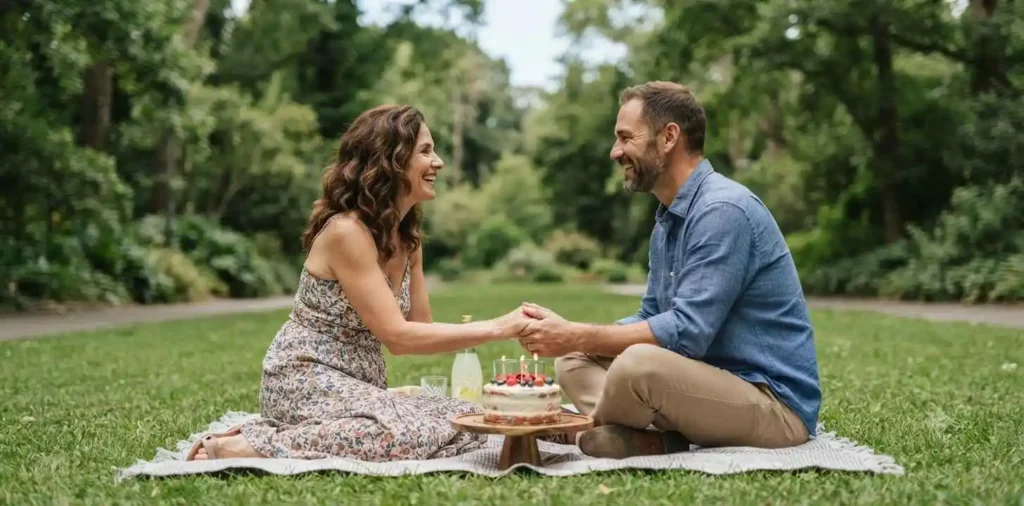 Happy couple smiling during birthday celebration outdoors